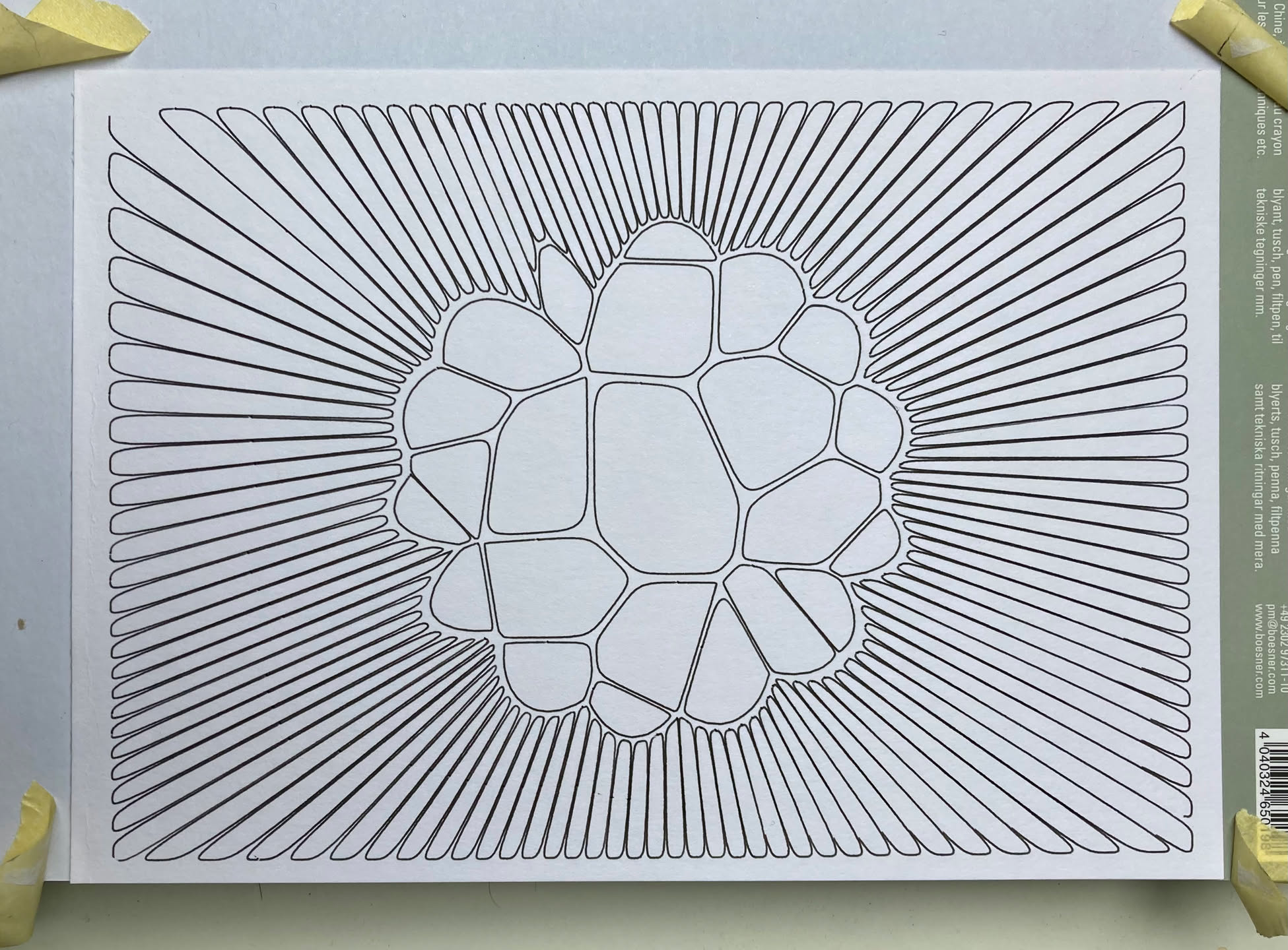 a drawing of a voronoi diagram, resembling an organic cell-like structure. many lines surround, and point inward towards a circular blob made up of large chunky shapes.