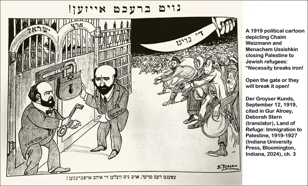 A 1919 political cartoon depicting Chaim Weizmann and Menachem Ussishkin closing Palestine to Jewish refugees